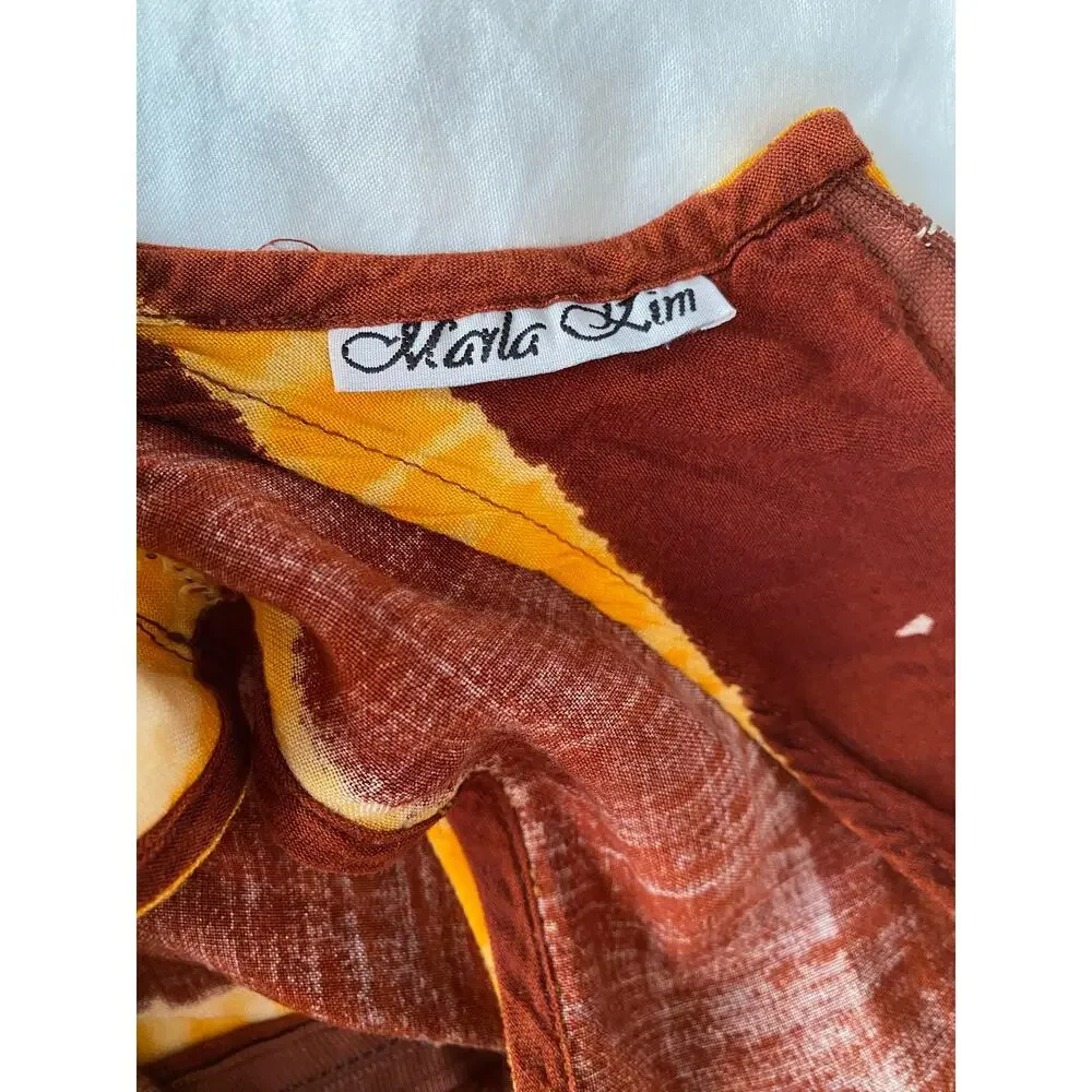 Marla Kim Tie Dyed Yellow & Rust Red Palm Tree Maxi Dress